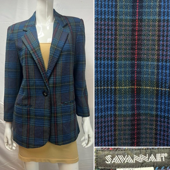 Savannah Vintage 8P Blue Green Plaid Tartan Houndstooth Tweed Blazer Jacket | Poshmark
