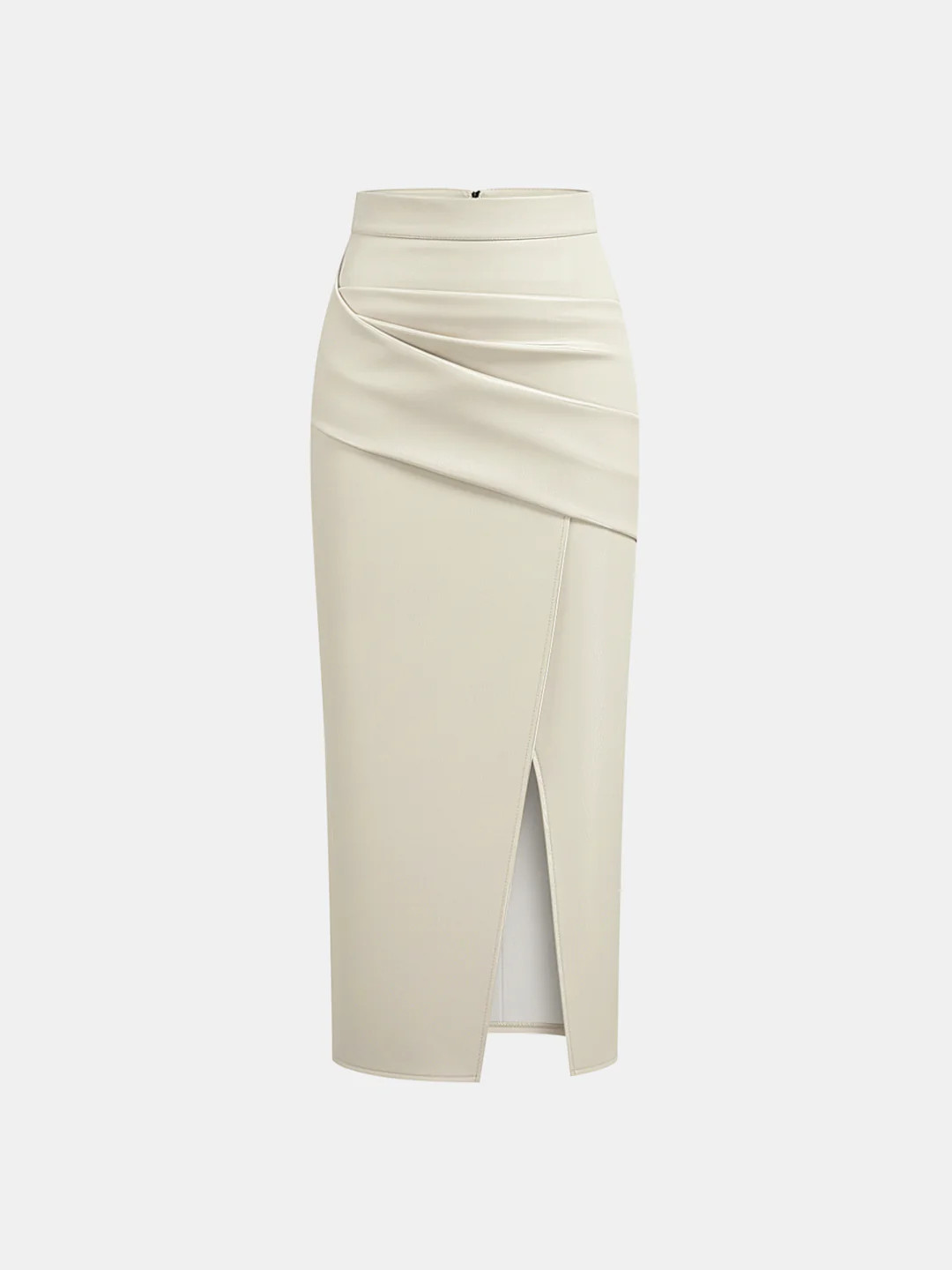 Ruched Slit PU Leather Midi Skirt | Commense