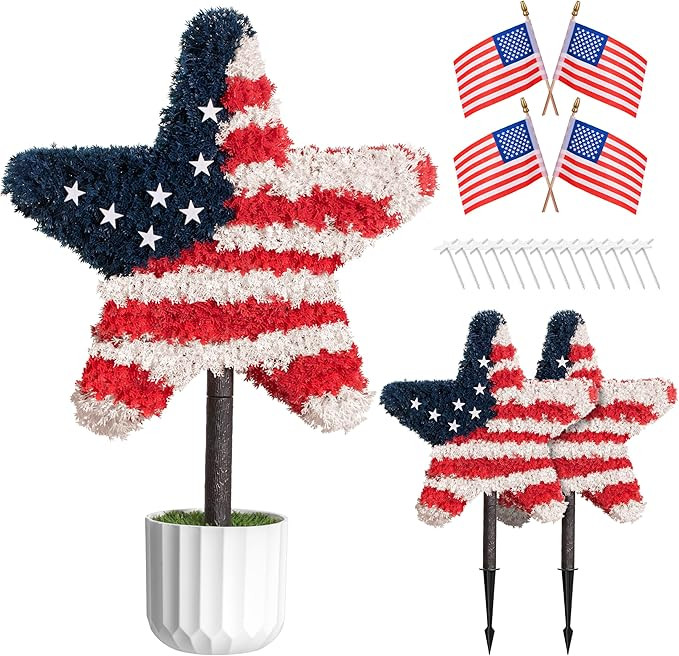 Chillchard 2 Pack Star Topiary Trees Artificial Outdoor with Pot & Sipke, 25.6 Inch Red White Blu... | Amazon (US)