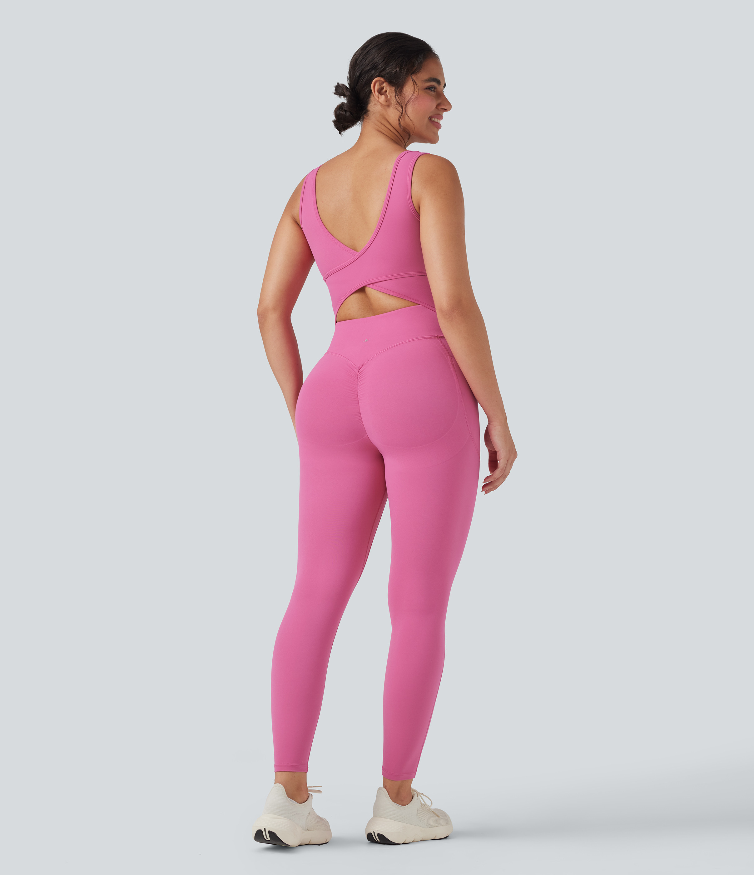 Halara Halara UltraSculpt™ V Neck Butt Lifting Workout Jumpsuit with Pockets Workout Dress - Pink Power - XS(7/8) | HALARA