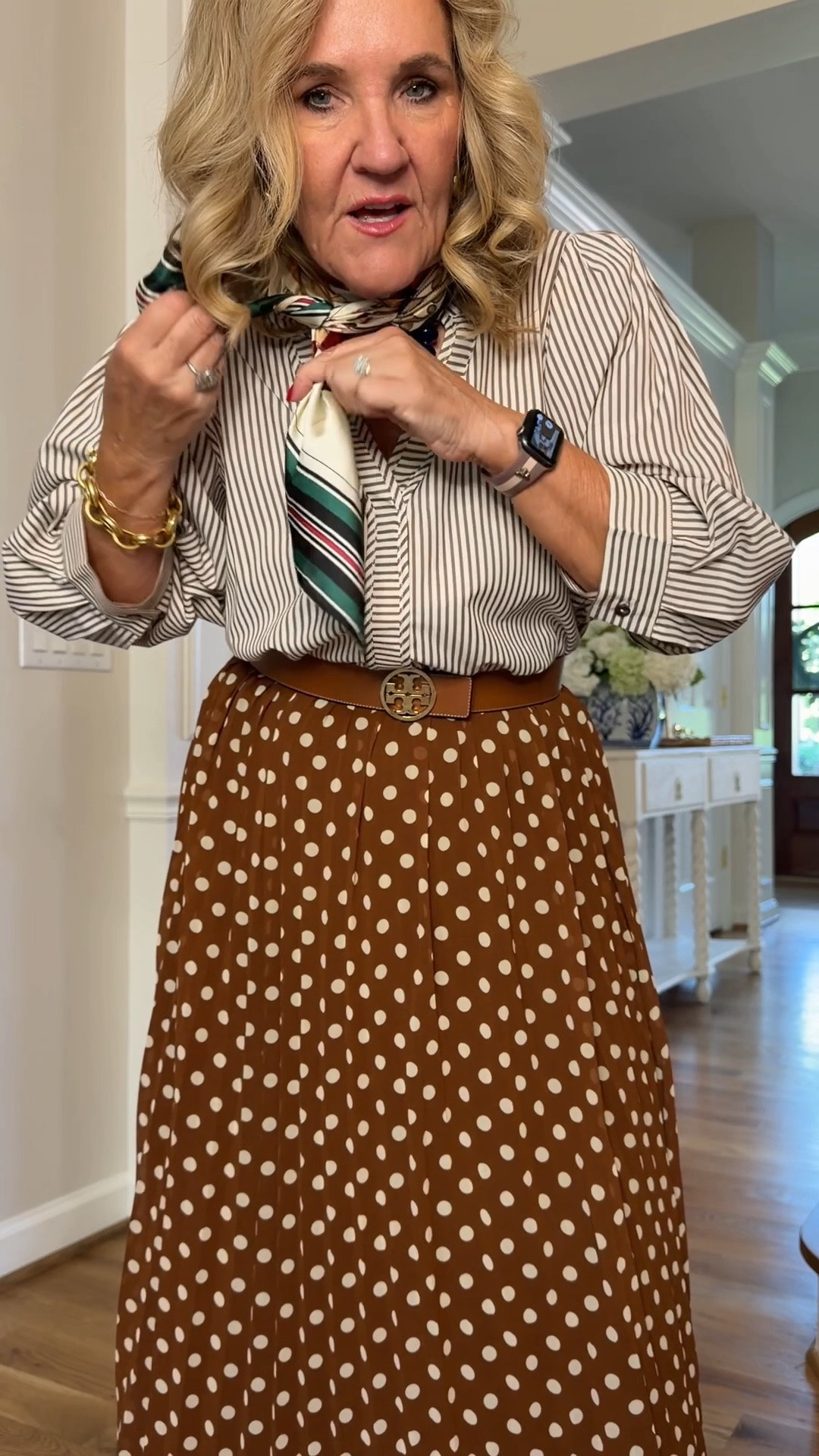 How to tie this scarf 
Top and skirt size medium 
15% off Avara code NANETTE15 

Office outfit church outfit maxi skirt polka dot skirt

#LTKOver40 #LTKootd #LTKWorkwear
