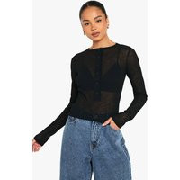 boohoo Women's Textured Mesh Button Up Long Sleeve Top in Black | Size: 4 | boohoo (US & Canada)