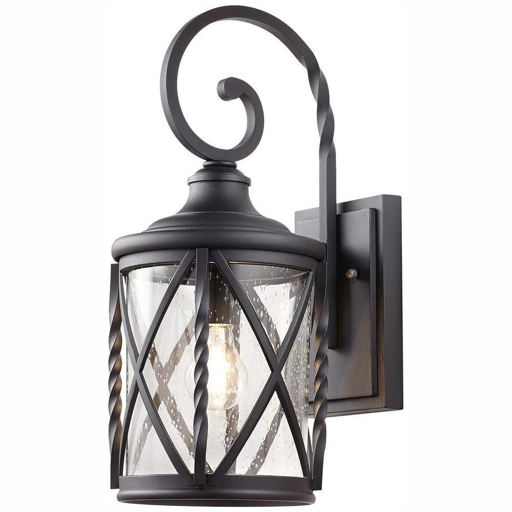 1-Light Black 18.75 in. Outdoor Wall Lantern Sconce with Seeded Glass | The Home Depot