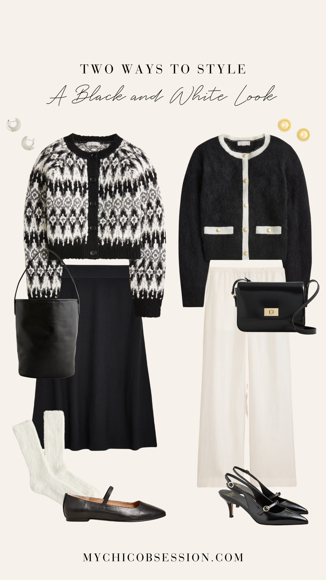 There's something so effortlessly chic about a black and white look! Plus, it's the perfect inspiration for an upcoming Christmas party outfit or holiday party outfit for New Year's. Pair a Fair Isle cardigan from J.Crew with a sweater skirt and Mary Janes, or try a J.Crew lady jacket style cardigan with white trim paired with their pre-crinkled Stratus pants and pointed-toe heels. 

 #LTKHoliday #LTKSeasonal #LTKParties