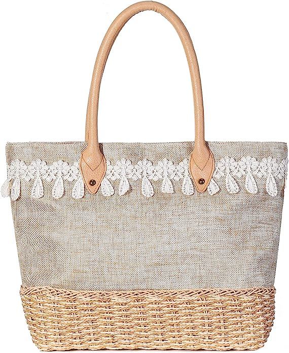 JOSEKO Summer Beach Bag, Women Straw Paper Handbag Top Handle Big Capacity Travel Tote Purse | Amazon (US)