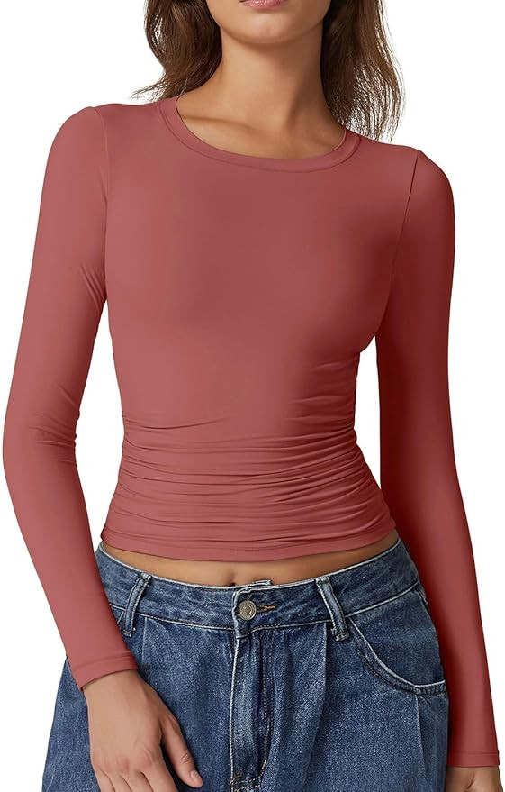 QINSEN Womens Crewneck Long Sleeve Shirt Double Lined Basic Tees Side Ruched Going Out Crop Tops | Amazon (US)