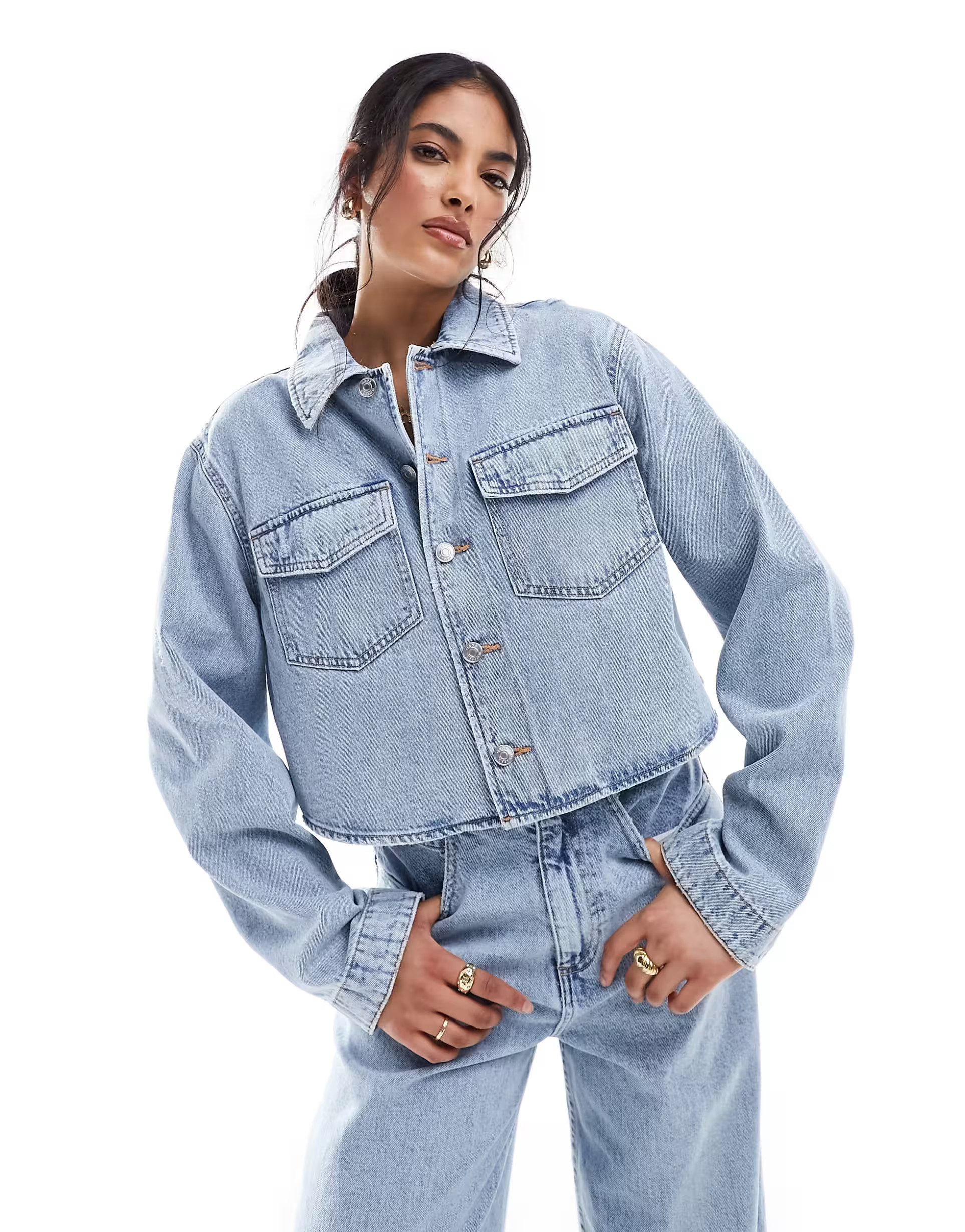 ASOS DESIGN denim cropped shirt in midwash blue | ASOS | ASOS (Global)