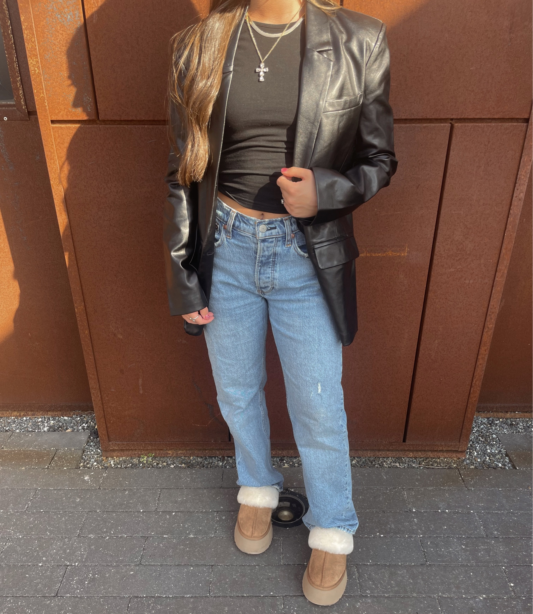 Oversized faux leather blazer. 🖤 size XS for oversized look. Funkette uggs. Abercrombie denim. Platform Ugg outfits. Jeans with uggs  

#LTKshoecrush #LTKunder100 #LTKstyletip