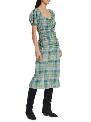 Ganni Plaid Puff Sleeve Midi Dress on SALE | Saks OFF 5TH | Saks Fifth Avenue OFF 5TH