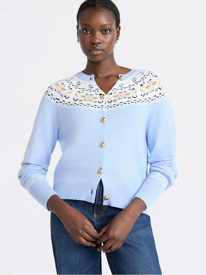 Free Assembly Women's Cozy Yarn Fair Isle Cardigan Sweater, Midweight, Sizes XS-XXL | Walmart (US)