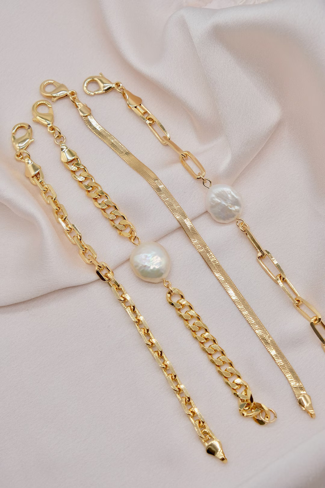 Gold Pearl Chain Bracelets, Stack Bracelets, 18k Gold Filled Bracelets, Gold Chunky Bracelets Cha... | Etsy (US)