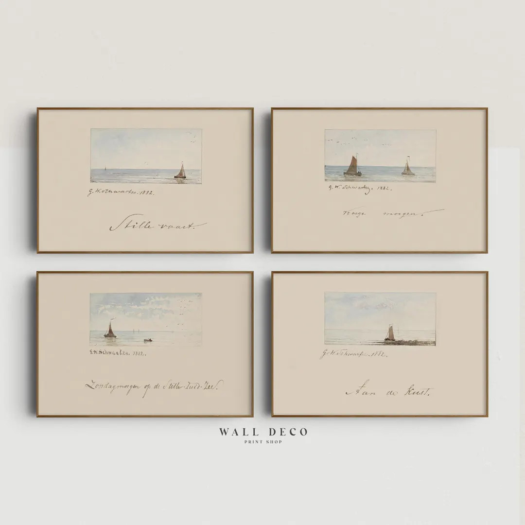 Vintage Nautical Watercolor Sketch Set: Minimalist Sailboat Seascape Gallery Wall Art (digital Pr... | Etsy (US)