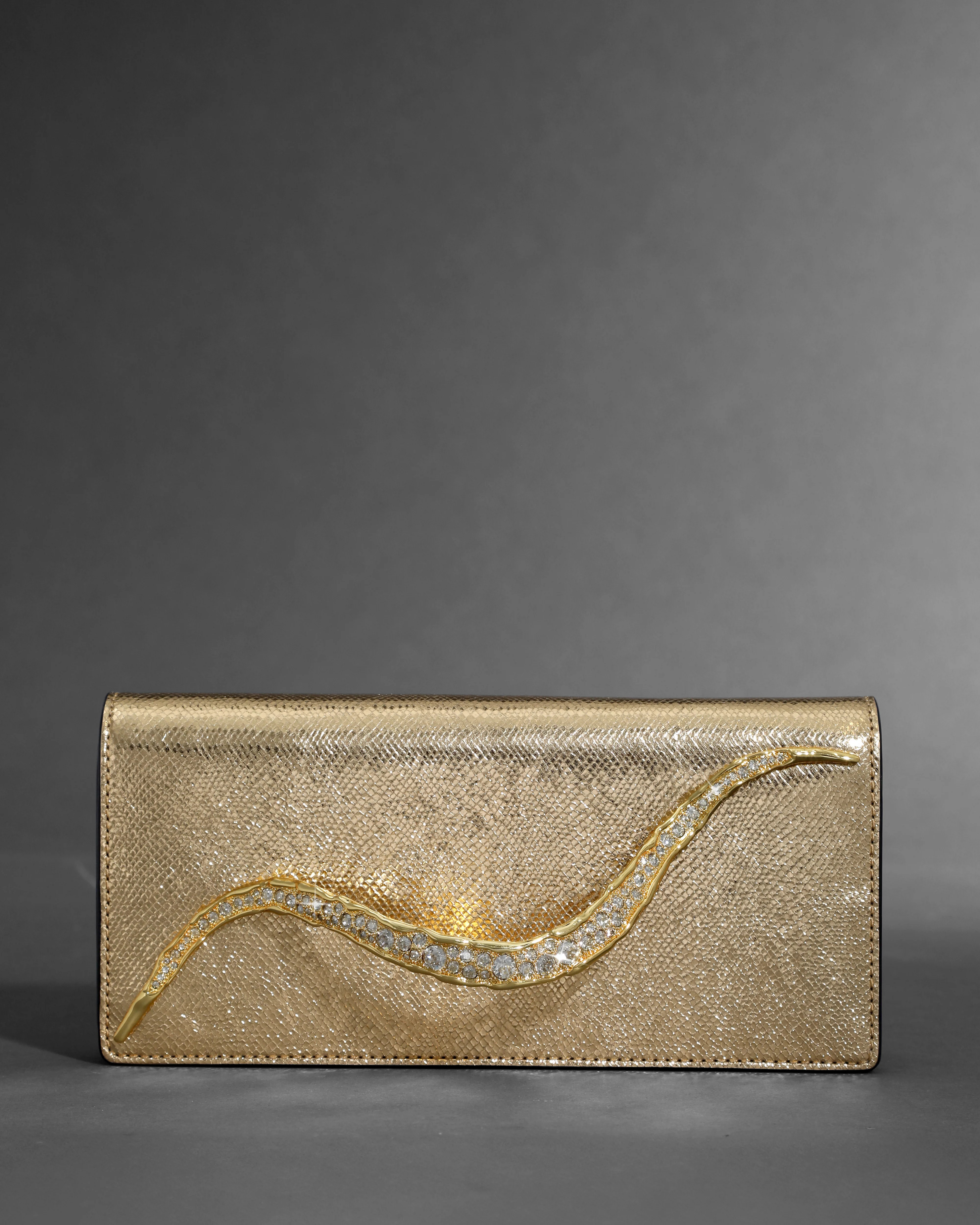 Gold Crystal Curve Clutch | Gold Leather Purse | Statement Handbag | Alexis Bittar