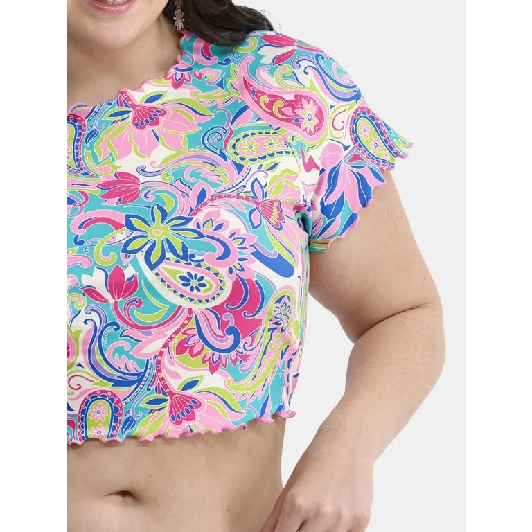 No Boundaries Lettuce Edge Swim Crop Top with Short Sleeves, Women's - Walmart.com | Walmart (US)