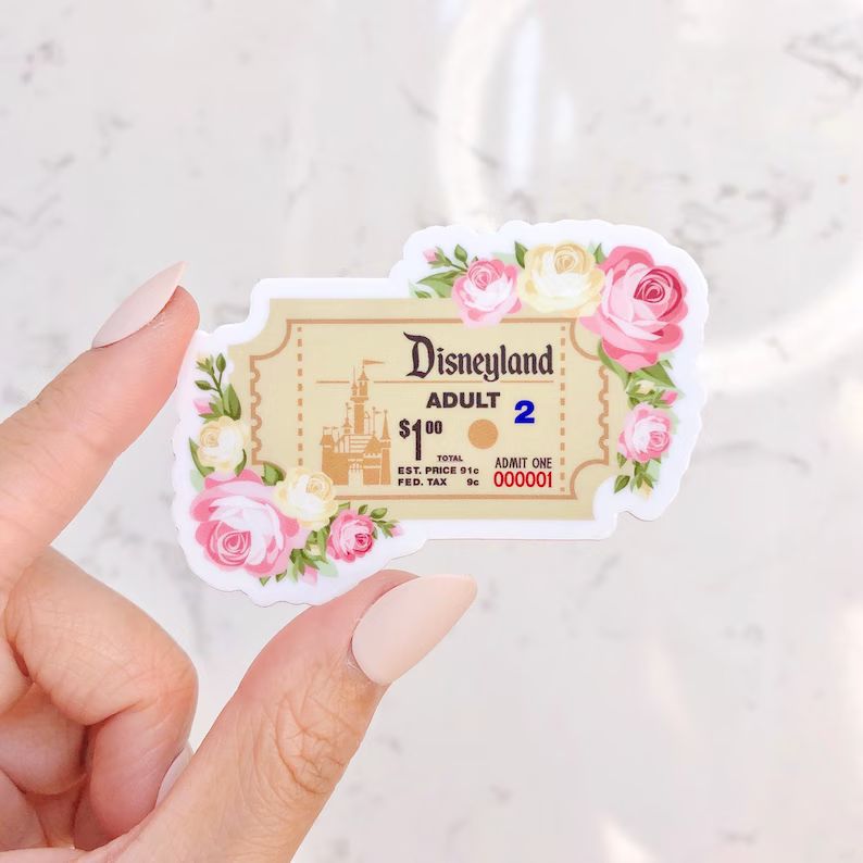 Disneyland Admission Ticket Sticker/ Retro Floral Disney Laptop Stickers/ Disney floral Vinyl Dec... | Etsy (US)