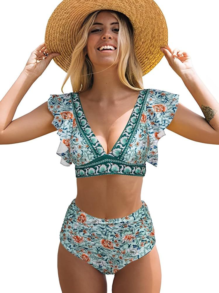 Women Ruffle High Waisted Swimsuit Two Piece Tropical Print Swimsuit Push Up Bathing Suit | Amazon (US)