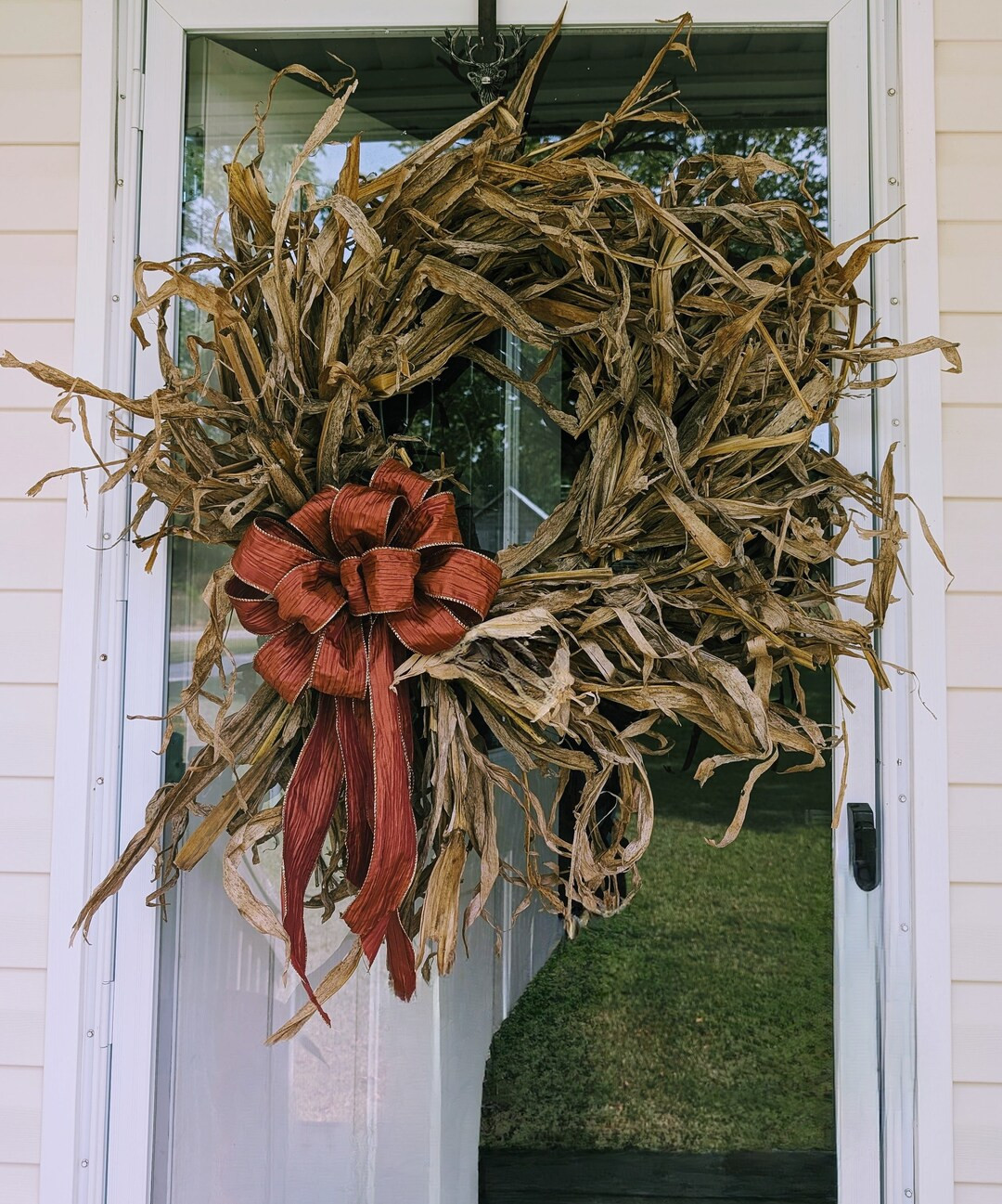 Corn Husk Wreath With Large Rust/ Gold Trimmed Bow - Etsy | Etsy (US)