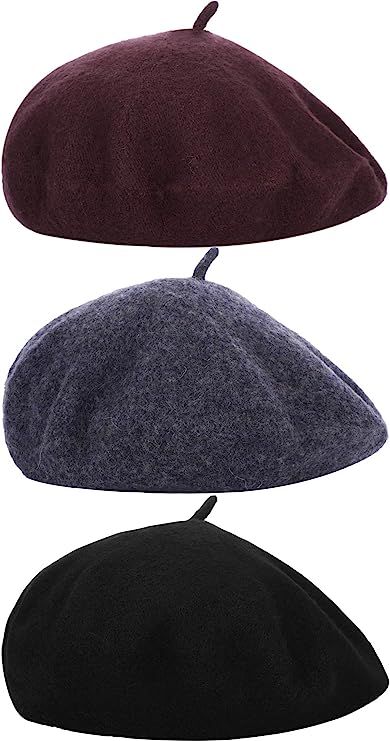 3 Pieces Beret Hat French Style Beanie Cap Solid Color Winter Hat for Women and Girls Casual Use | Amazon (US)