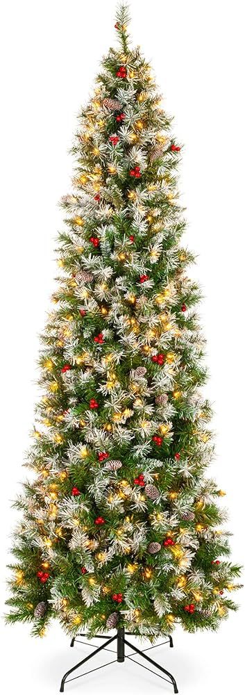 Amazon.com: Best Choice Products 12ft Pre-Lit Pencil Christmas Tree, Partially Flocked Pre-Decora... | Amazon (US)