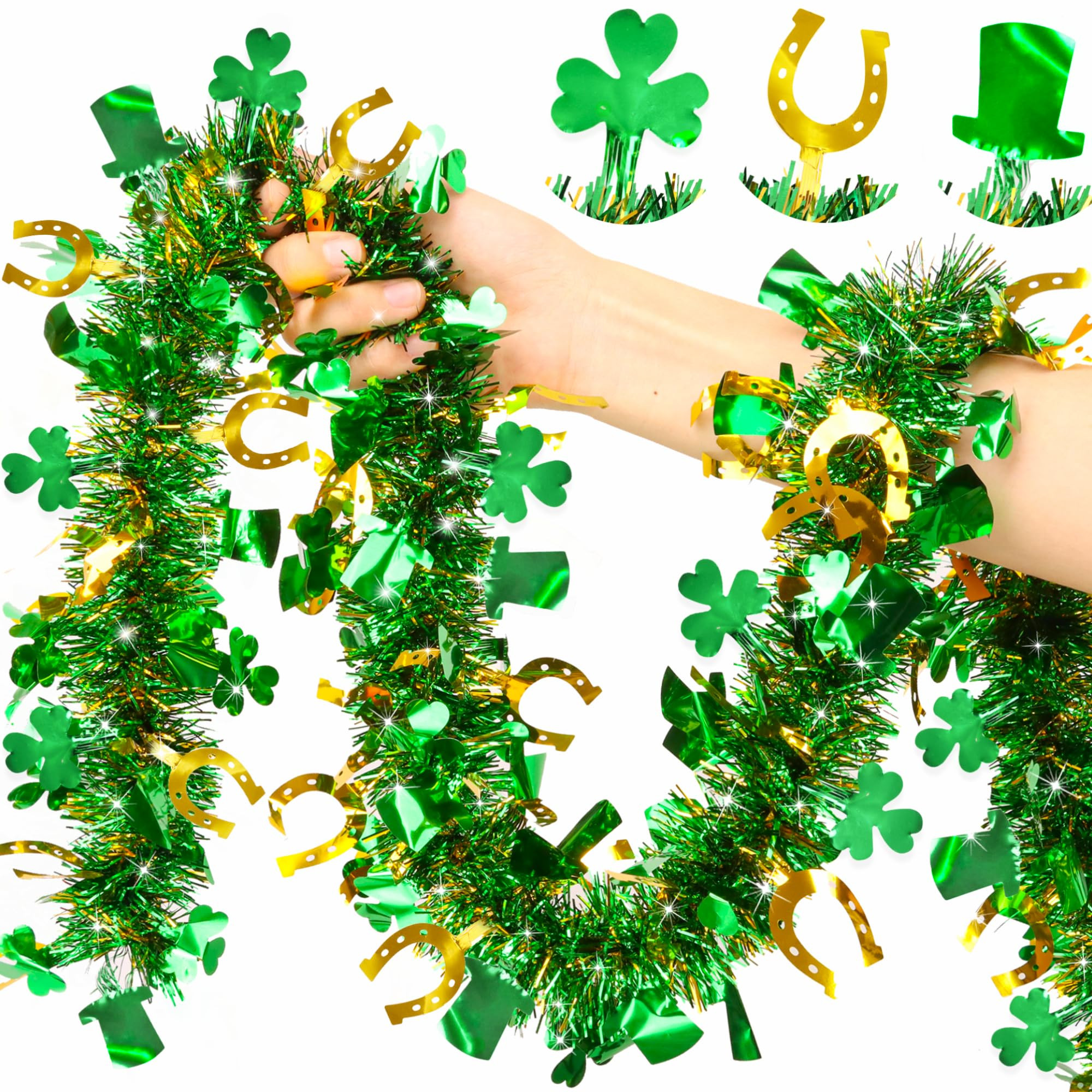 50FT St Patricks Day Decorations Garland Gold Horseshoe Green Hat Shamrock Tinsel Garland, Shiny ... | Amazon (US)
