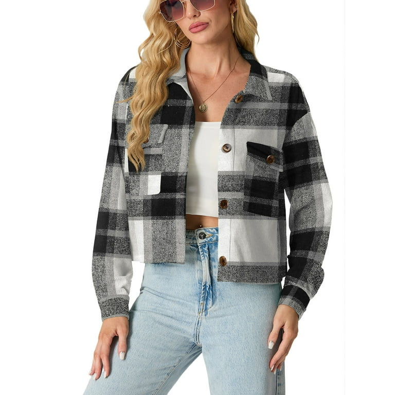 JWD Women's fashionable wool fleece cropped casual plaid cow horn button long sleeved jacket top ... | Walmart (US)