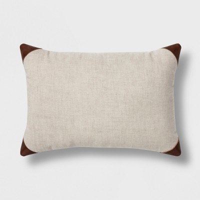 Leather Trim Linen Lumbar Pillow Tan - Threshold™ | Target