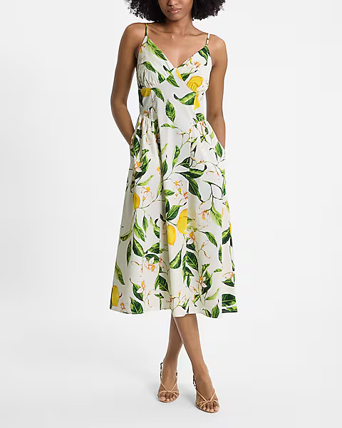 Lemon Floral Sleeveless V-neck Ruched Midi Dress | Express