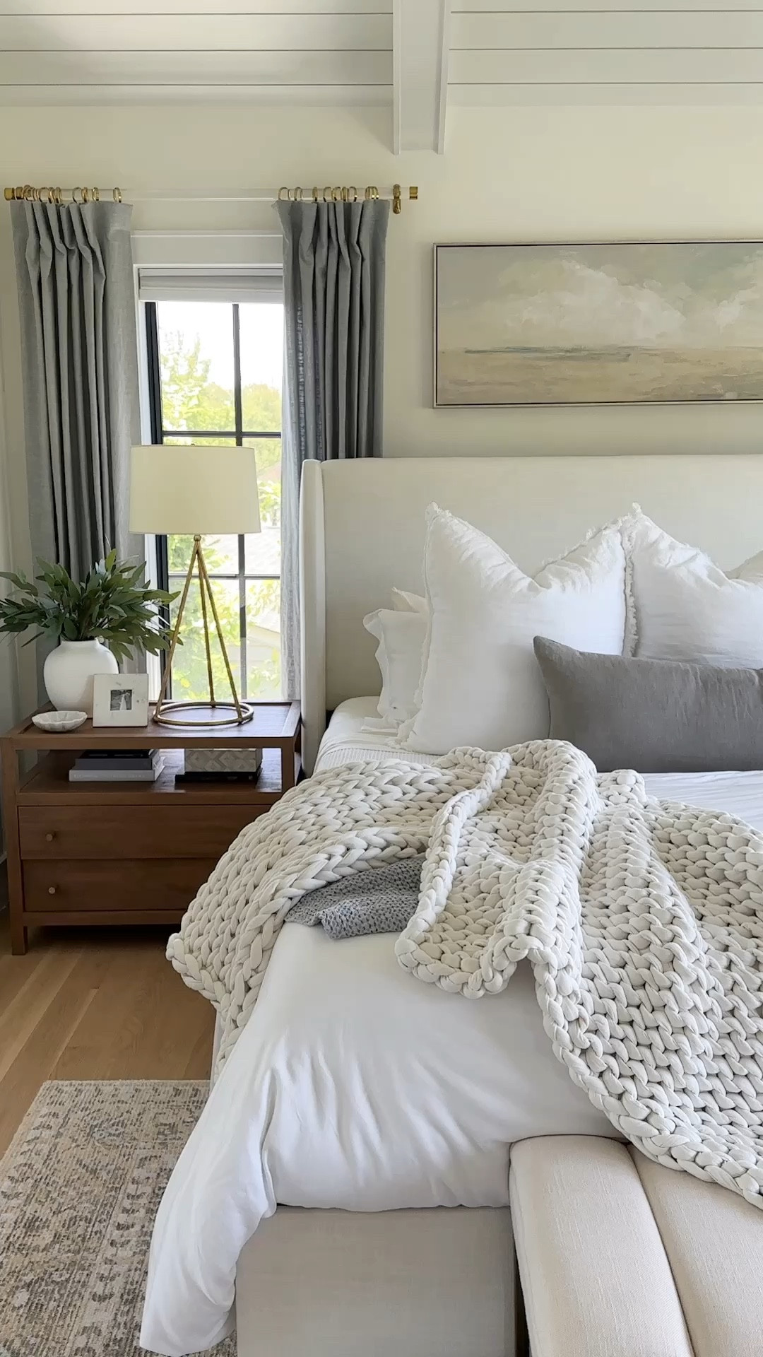▫️Paint color: Benjamin Moore Simply White
▫️Rug: 8x10 - it’s very soft and I love the muted vintage vibe!
▫️Bed: King size in Zuma White. We have a standard size boxspring and 12” thick mattress
▫️Curtains/Drapes: 84” length, 50” wide in mineral blue with light filtering lining 
▫️Curtain Rods: Acrylic & Brass with 1.25” diameter rings
▫️Art: I found it locally (preframed) but I’m linking the same art on stretched canvas in a similar size.
▫️Pillows: 4 king size bed pillows, 3 26” Euro pillows (from Amazon), 2 20” blue linen throw pillows, 1 14x36” light gray lumbar pillow
▫️Bedding: Organic cotton duvet cover in white with medium weight down insert (king), Waffle bed blanket in natural (king)
▫️Chunky Throw: This is actually a 15lb weighted blanket in cloud white


#LTKSaleAlert #LTKVideo #LTKHome