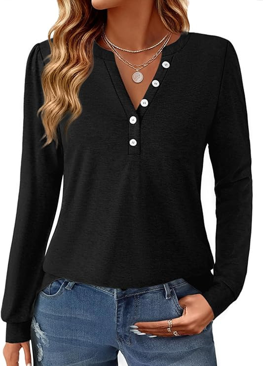 Women's Puff Long Sleeve Tunic V Neck Button Blouses Fall Tops Trendy Dressy Casual Business Henl... | Amazon (US)