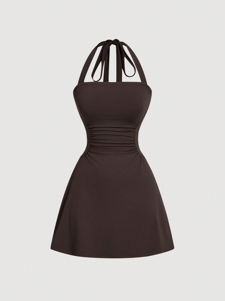 SHEIN MOD Women's Grey V-Neck Waist-Cinching A-Line Dress | SHEIN
