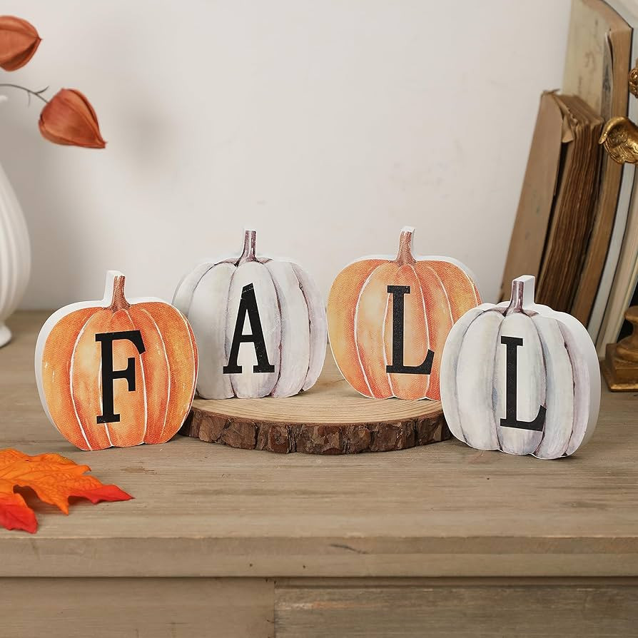 Fall Decorations for Home,4Pcs Pumpkin Wooden Sign,Rustic Harvest Decorations for Home, Autumn Ta... | Amazon (US)