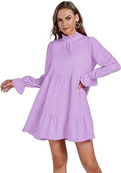 Umenlele Women’s Mock Neck Long Sleeve Tiered Ruffle Smocked Flowy A Line Babydoll Mini Dress | Amazon (US)