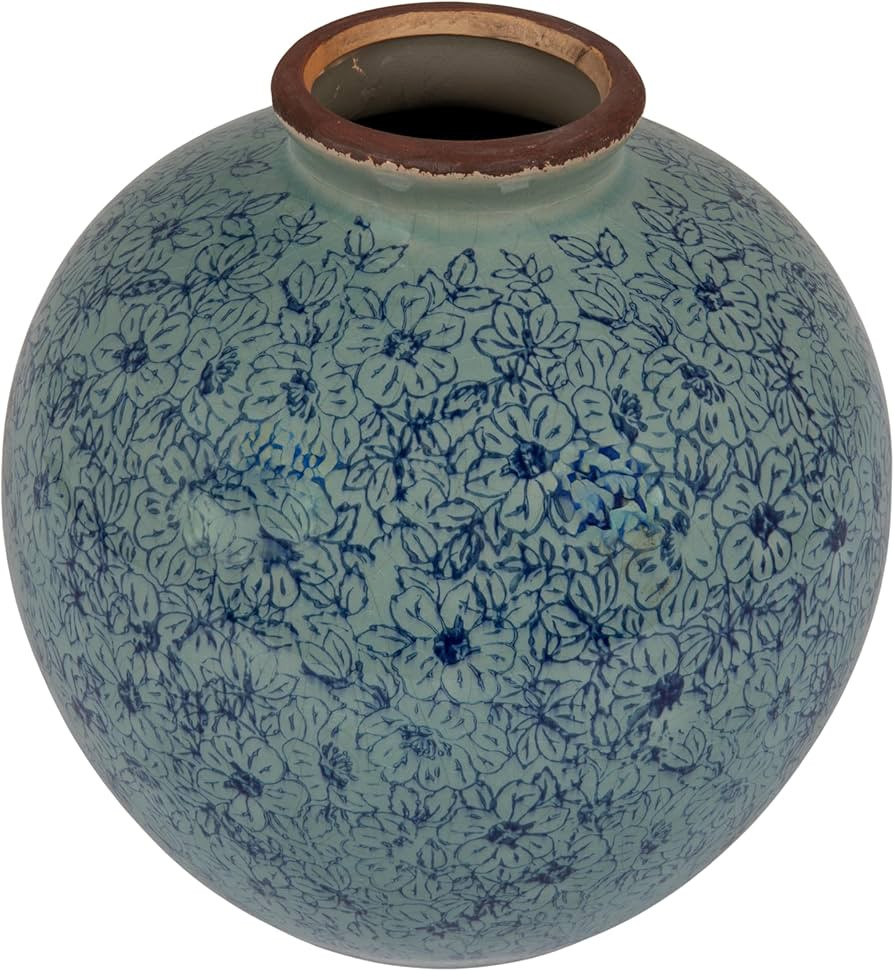 Creative Co-Op Round Decorative Terra-Cotta Vase with Transferware Pattern, Blue | Amazon (US)