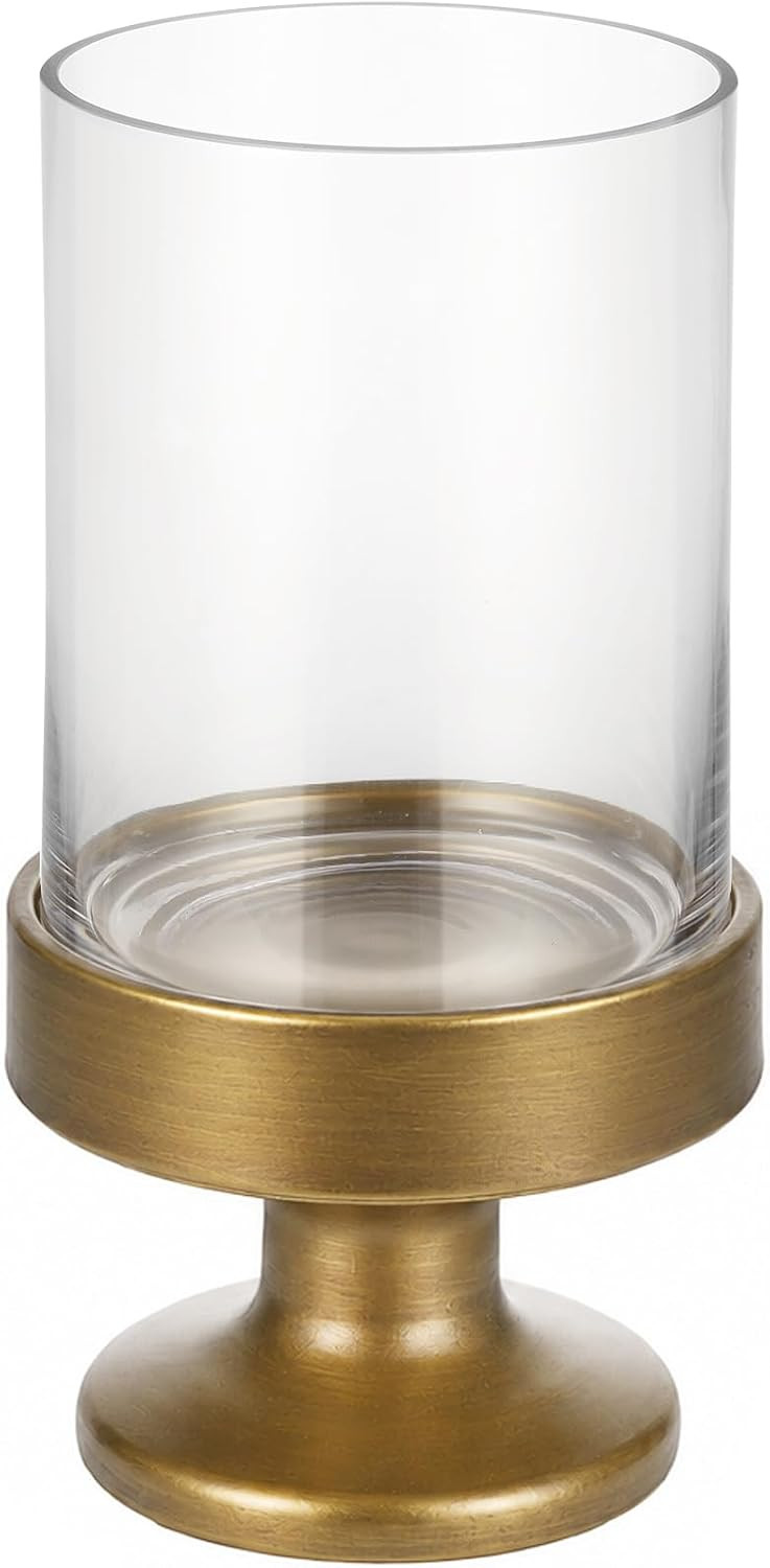 Glass Hurricane Candle Holders and Glass Vase with Minimalism Metal Base in Antique Brass, Handmade and Sturdy Glass, Pillars, Flower Arrangement, Centerpiece, Dining Table (Antique Brass, 6"x11") | Amazon (US)