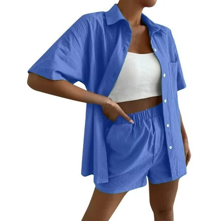 Two Piece Linen Set Spring Outfits for Women Clothing Set Female V-Neck Short Sleeve Tops Pants Sets Cargo Pant Style S_395 Women s Tracksuits Blue S | Walmart (US)