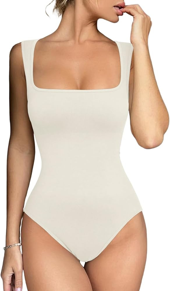 Meyeeka Women's Seamless Bodysuit Square Neck Sleeveless Tapered Shoulder Straps Tank Tops Summer | Amazon (US)