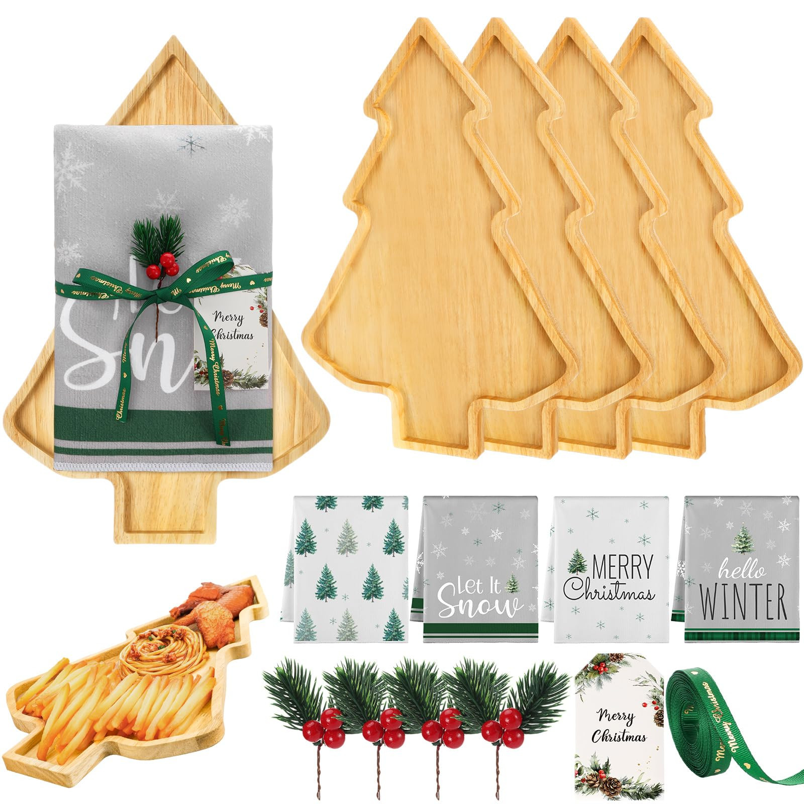 4 Sets 15.7″ Christmas Tree Cheese Board Gifts with Towel Tag Christmas Charcuterie Board Sushi... | Amazon (US)