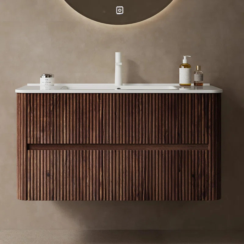 36" Striped Nature Solid Wood Bathroom Vanity with Sink, Modern Wall-Mounted Floating Plywood Bat... | Wayfair North America