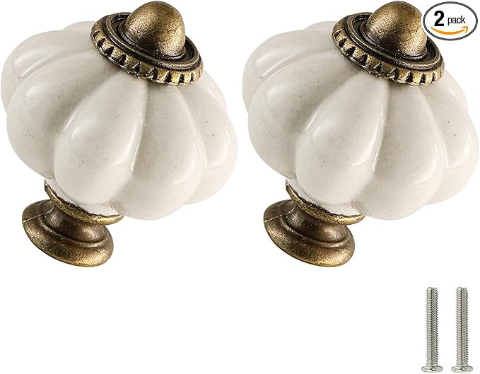 Antique White Pumpkin Knobs 2 Pack Ceramic Cabinet Knobs Vintage Drawer Pulls - Antique Dresser P... | Amazon (US)