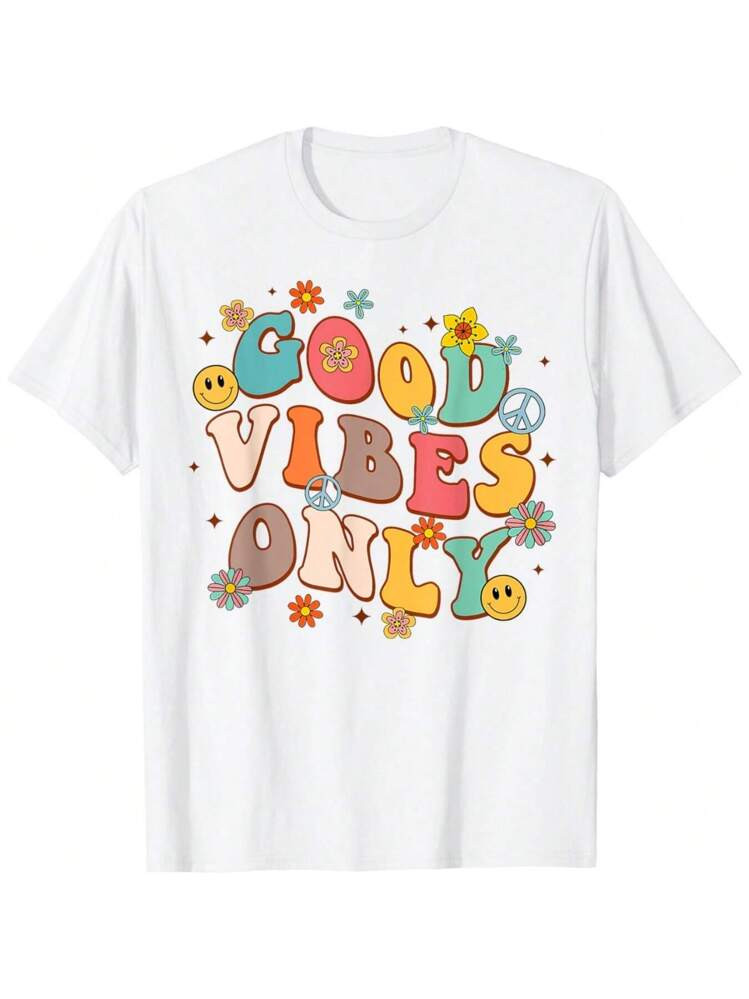 Good Vibes Only Peace Sign Love 60s 70s Retro Groovy Hippie T-Shirt - Casual Crew Neck, Short Sle... | SHEIN