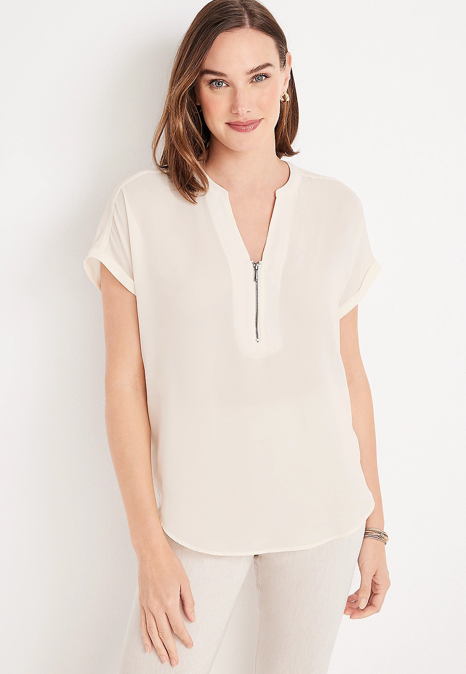 Geneva Solid Zipper Neck Blouse | Maurices