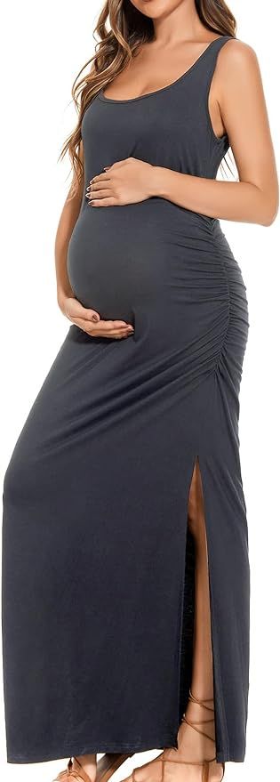 Smallshow Women's Split Long Maternity Dress Sleeveness Ruched Pregnancy Clothes | Amazon (US)
