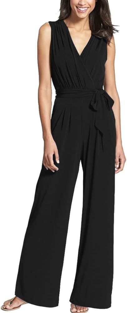 INIBUD Women V-Neck Sleeveless Jumpsuits Wide Leg Rompers with Pockets Dressy with Waistband Sexy Ca | Amazon (US)