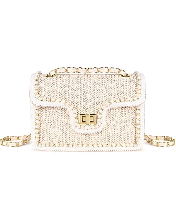 Straw Crossbody Bags for Women Summer Pearl Straw Clutch Purse Woven Shoulder Bag Vacation Handba... | Amazon (US)