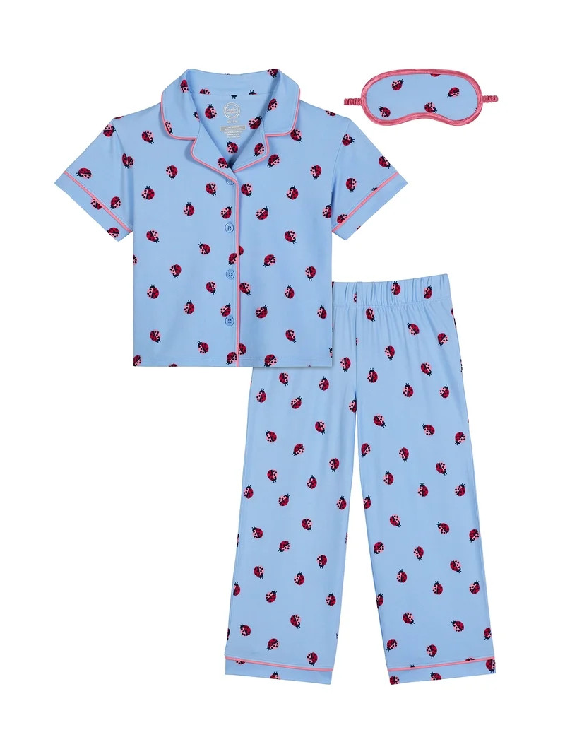 Wonder Nation Girls Short Sleeve Button Front Pajama Top and Pants Set with Eyemask, 3-Piece, Siz... | Walmart (US)