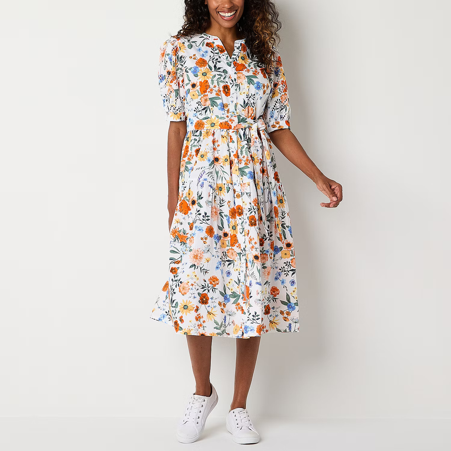 new!St. John's Bay Short Sleeve Embroidered Floral Midi Fit + Flare Dress | JCPenney