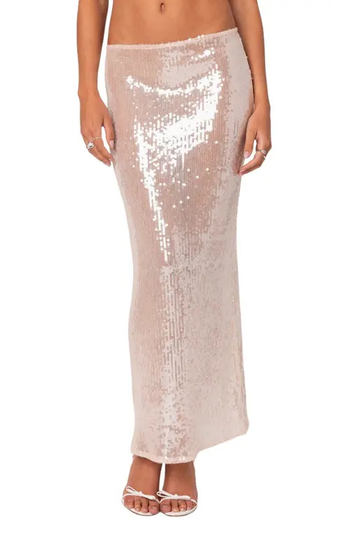 EDIKTED Riki Sheer Sequin Maxi Skirt in Light-Pink at Nordstrom, Size Large | Nordstrom