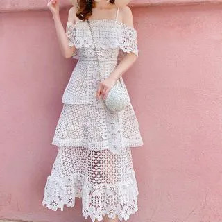 Eyelet Lace Cold-Shoulder Midi A-Line Dress | YesStyle Global