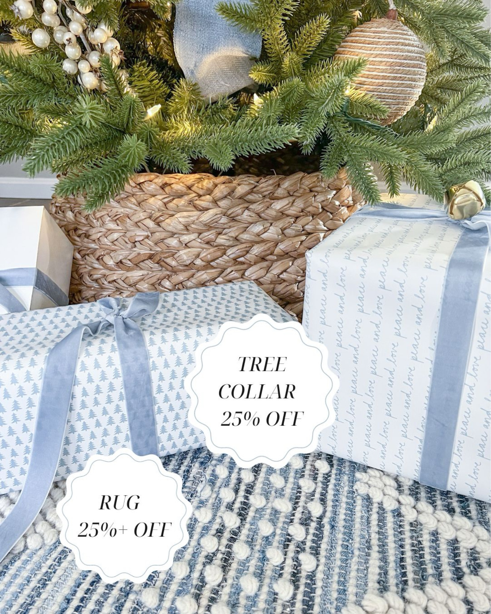 If you're still on the hunt for a tree collar, mine is now 25% off! This is my third year using it and I still love it as much as the day I bought it!
-
coastal home decor, coastal decorating, beach house decor, coastal Christmas decor, gift wrapping ideas, Christmas wrapping paper, Christmas gift wrap, target wrapping paper, Christmas tree collar, woven tree collar, pottery barn tree collar, holiday decorating, Christmas tree decoration ideas, blue ribbon, coastal ornaments, christmas tree ornaments, neutral ornaments, woven ornaments, blue velvet ribbon, coastal rugs, living room rugs, serena & lily rugs, blue & white rugs, textured rugs, 8x10 rugs, 9x12 rugs, 10x14 rugs, balsam hill tree, christmas trees, amazon christmas trees, tree collars on sale

#LTKCyberWeek #LTKhome #LTKsalealert