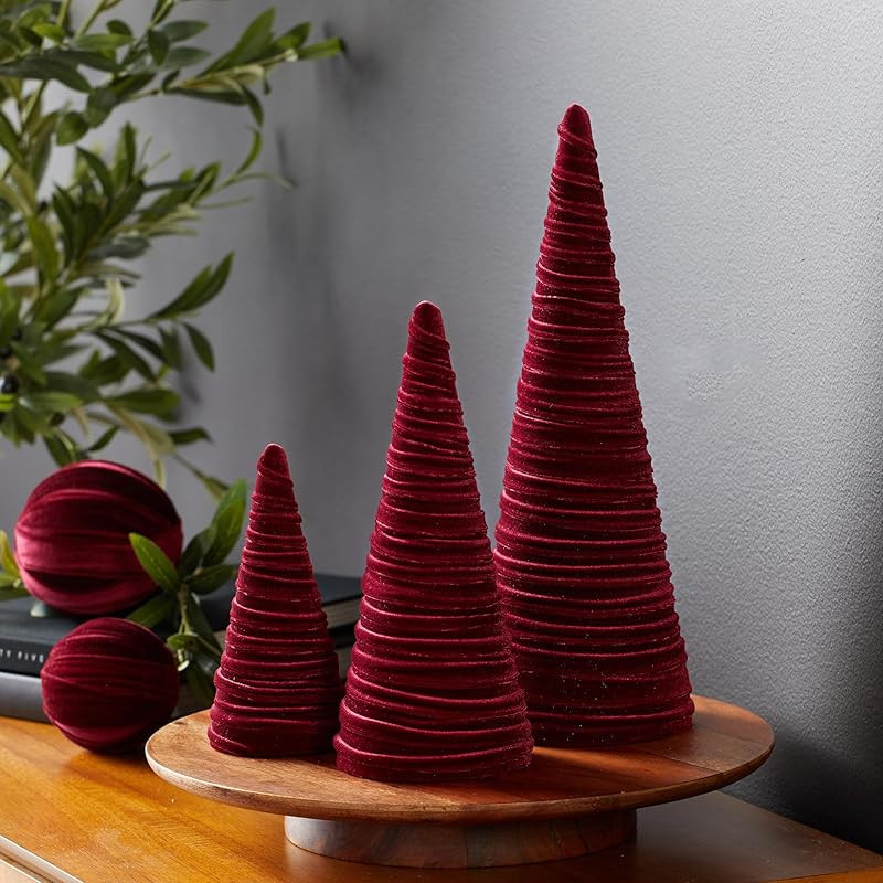 Burgundy Velvet Cones Set of 3, Minimalist Decor, Holiday Entryway, Rustic Winter Home, Farmhouse... | Amazon (US)